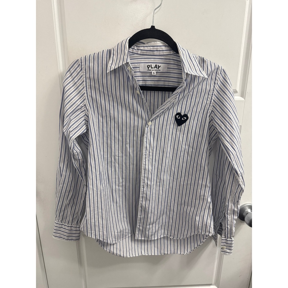 Comme des Garcons Play Striped Heart Logo Button Down Shirt Blue Brown AZ-B005 S